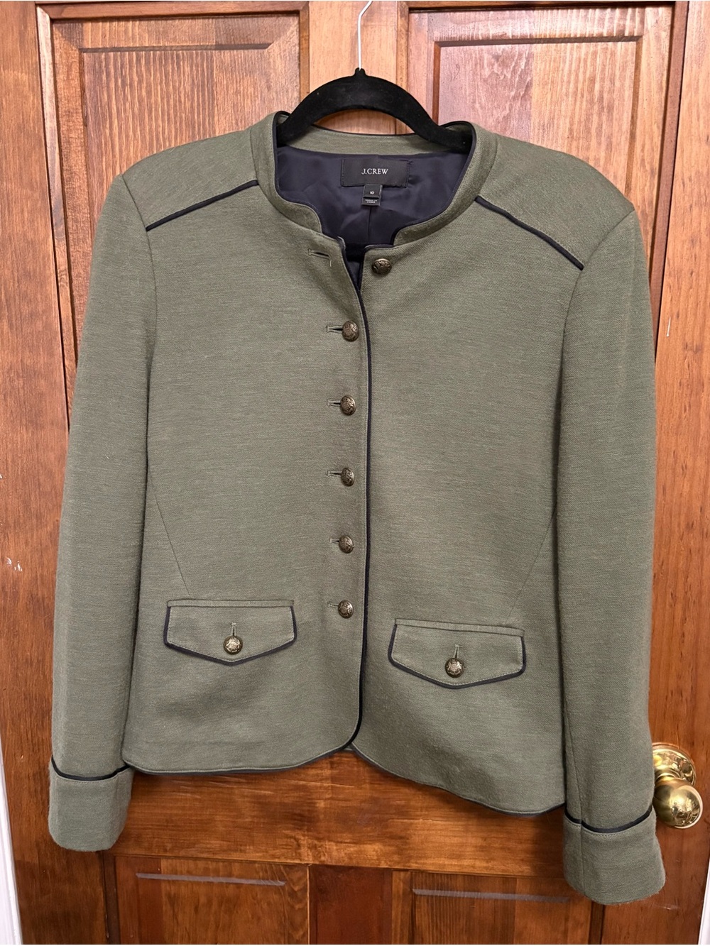 J. Crew Olive Green Collarless Blazer with Contrast Piping